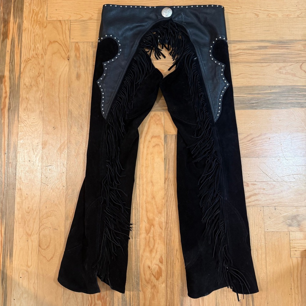 Valencia Suede Leather Fringe Black Western Zipper Chaps Pants Women Size XL